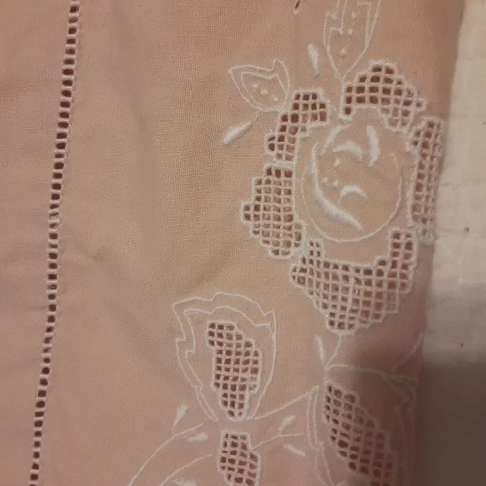 Vintage Tablecloth & Napkin Set Ladder Hemstitch & Floral Palest Pink Romantic